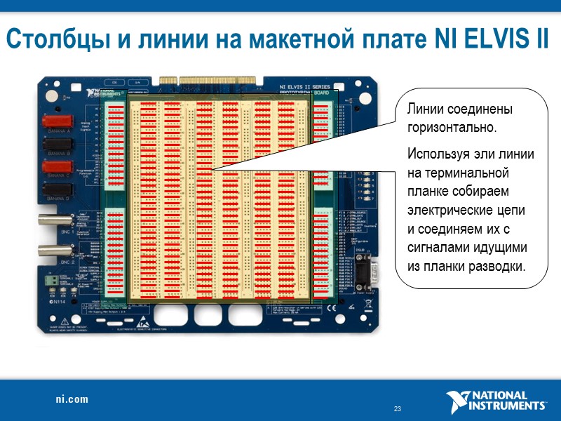 Столбцы и линии на макетной плате NI ELVIS II  Линии соединены горизонтально. 